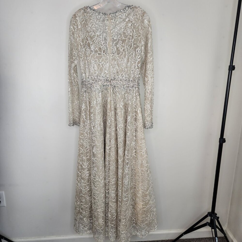 NWT Mac Duggal Embellished Wrap Over Long Sleeve Midi Dress Taupe Size 6 - Picture 9 of 14